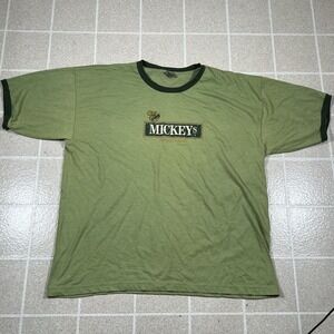 Vtg Mickey's Fine Malt Liquor Graphic Ringer Tshirt Olive Green 2XL  Made In USA